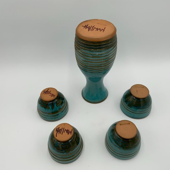 Studio Pottery Signed Hallman Sake Bottle and 4 Cups Hallman Woods Potter - Picture 2 of 9